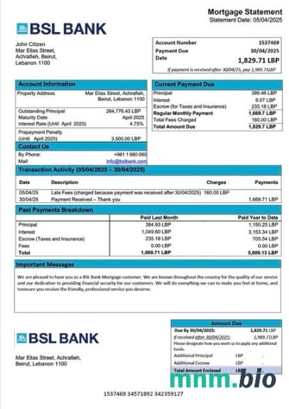 Liban BSL Bank wyciąg z kredytu hipotecznego szablon Word i PDF